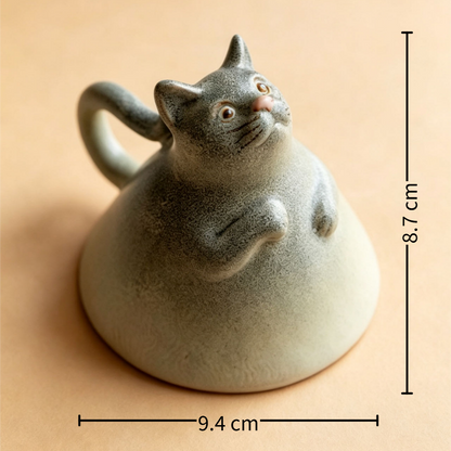 Handmade Shino Ware Tea Cup — Hand-Carved Cat Motif | 125ml | White & Silver