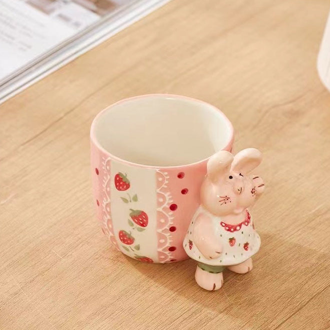 Strawberry kitten ceramic mug — 3D hand-painted kitten handle, pink design, MeowCeramics