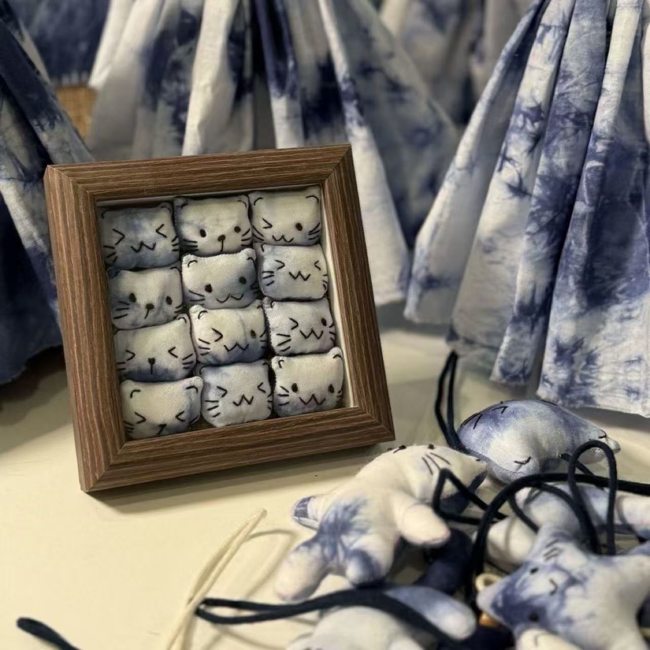 Handmade Tie-Dye Plush Cat Photo Frame — 12 Unique Cats | Wood Frame | Wall & Desk Decor