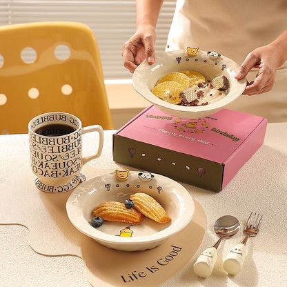 Embossed Adorable Button-Style Cat and Dog Ceramic Straw Hat Plate