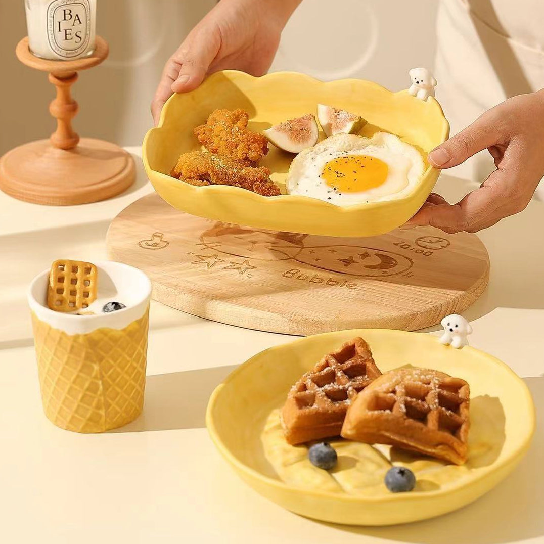 Pineapple Bun Dog Ceramic Tableware — Embossed | Coffee Cup, Round Plate & Square Plate | Set of 3