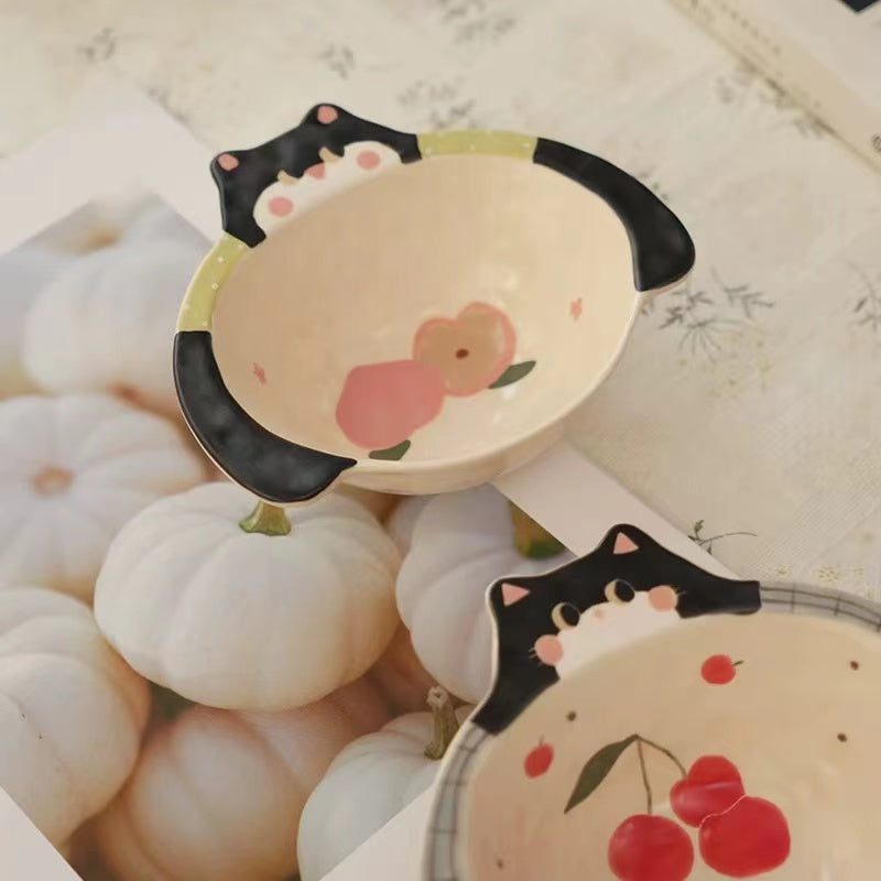 Handmade Cherry & Cat Ceramic Bowl — Rice & Soup Bowl | Hand-Painted | 2 Styles