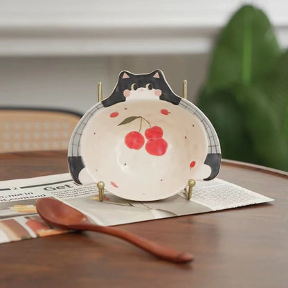 Handmade Cherry & Cat Ceramic Bowl — Rice & Soup Bowl | Hand-Painted | 2 Styles
