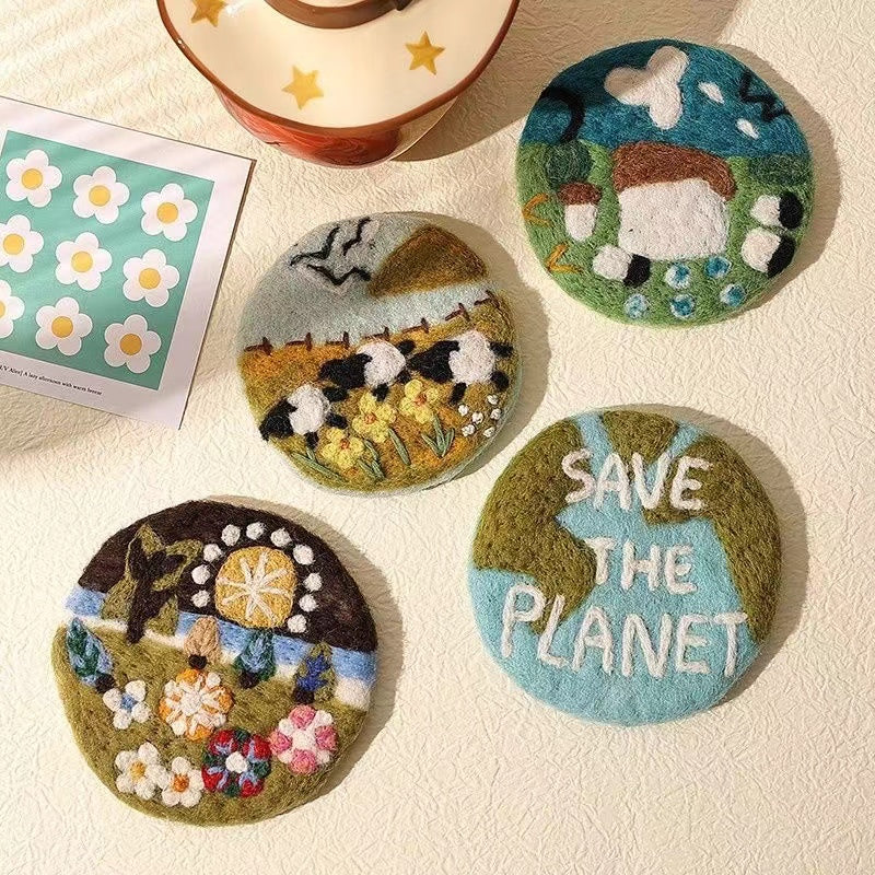 Handmade wool felt coaster — flat lay display on table, 5 styles needle felted pure wool, MeowCeramics