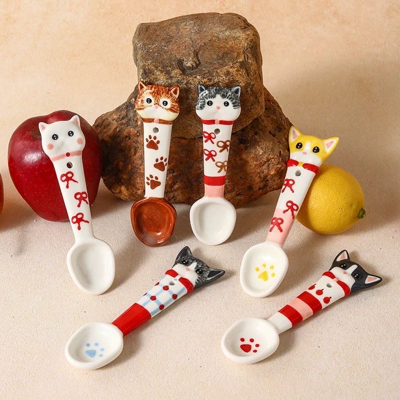 Underglaze painted cat spoon detail — vibrant fade-resistant colors, food-safe ceramic, MeowCeramics
