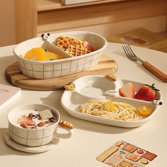 Cute Button Dog Design Partition Plate & Mug Set - Set of 3
