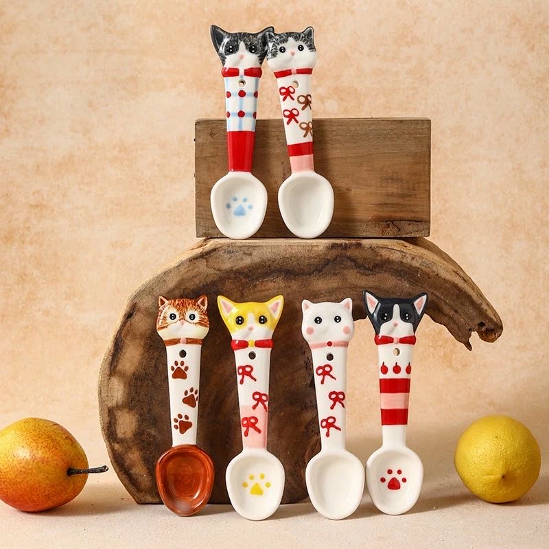 Handmade cat ceramic spoon — lifestyle display, underglaze painted artisan tableware, MeowCeramics