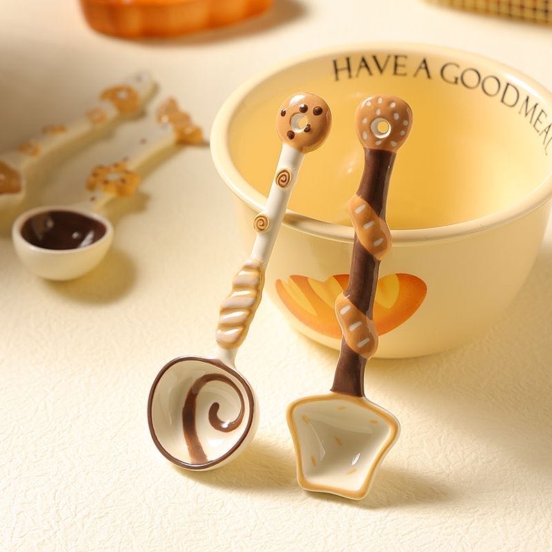 Ceramic soup spoon collection — cute baked goods handle design, MeowCeramics