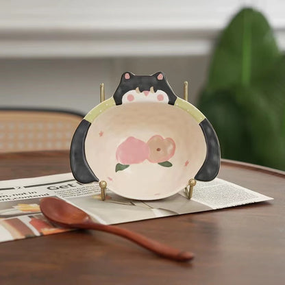 Handmade Cherry & Cat Ceramic Bowl — Rice & Soup Bowl | Hand-Painted | 2 Styles