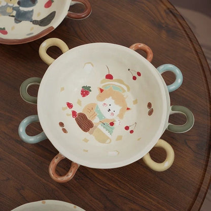 【Handmade to Order】Cute Round Double-Handle Deep Plate