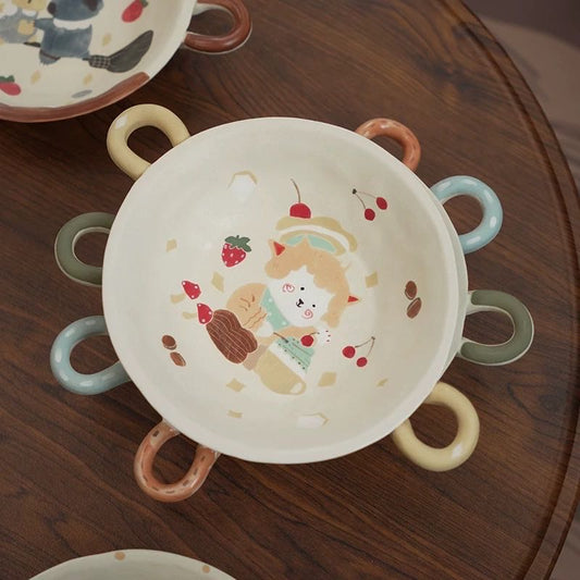 【Handmade to Order】Cute Round Double-Handle Deep Plate
