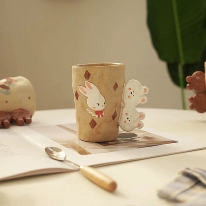 【Handmade to Order】Cute Vintage Hand-Pinched Textured Mug with Irregular Bear Handle