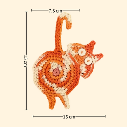 Orange and white cat butt crochet coaster — handmade knitted cup mat, button eyes, MeowCeramics