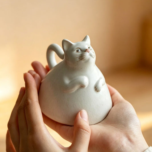 Handmade Shino ware tea cup — lifestyle display, hand-carved cat motif, 125ml, MeowCeramics