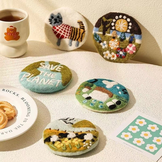 Handmade wool felt coaster — upright display on table, needle felted oil painting style, MeowCeramics