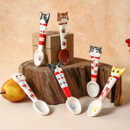 Cat ceramic spoon set — 6 styles, Garfield & Devon Rex designs, handcrafted tableware, MeowCeramics