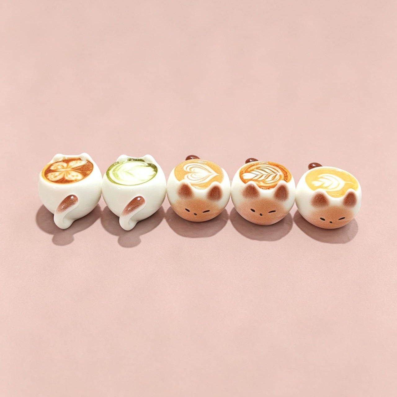 Mini Siamese Cat Latte Art Resin Cup Figurines — Set of 5 | Coffee & Matcha | Desk Ornament