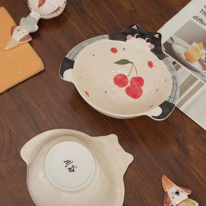 Handmade Cherry & Cat Ceramic Bowl — Rice & Soup Bowl | Hand-Painted | 2 Styles