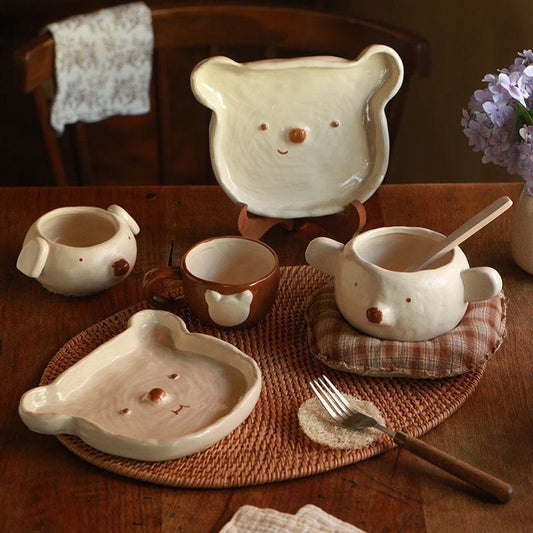 Handmade Cute Polar Bear  Rough Pottery Tableware Set - Set of 5