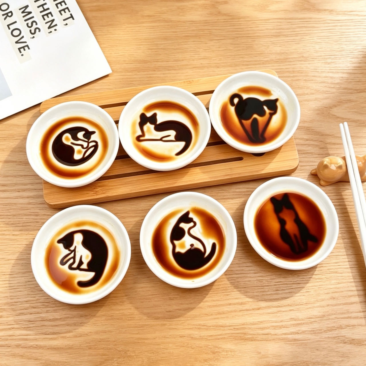 3D cat relief ceramic sauce dish — lifestyle display, magic sauce reveal effect, MeowCeramics