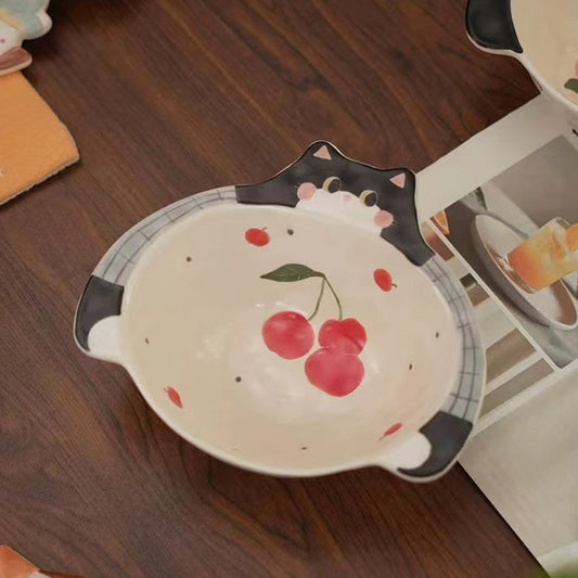 Handmade Cherry & Cat Ceramic Bowl — Rice & Soup Bowl | Hand-Painted | 2 Styles