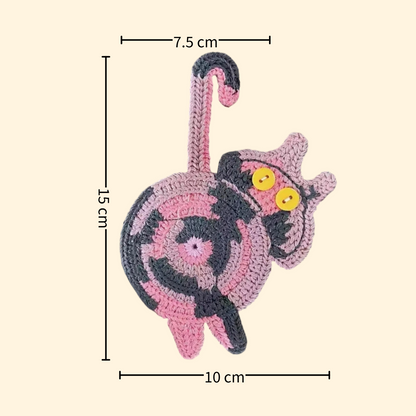 Rainbow cat butt crochet coaster — handmade knitted cup mat, button eyes, long tail, MeowCeramics
