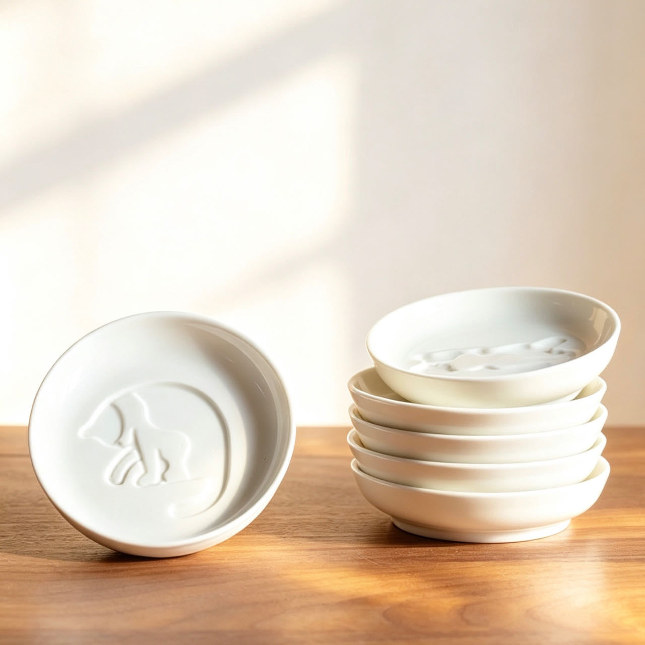 3D cat ceramic sauce dish detail — relief pattern revealed with sauce, 1200°C fired, MeowCeramics