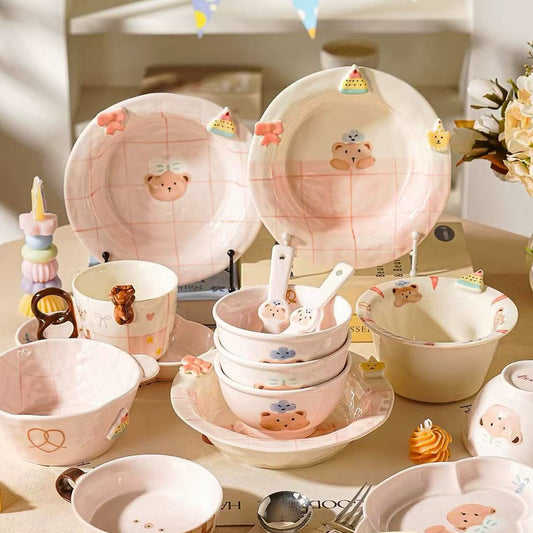 Sweet Heart Bear underglaze ceramic tableware — full collection display, all styles, MeowCeramics