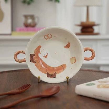 【Handmade to Order】Cute Round Double-Handle Deep Plate