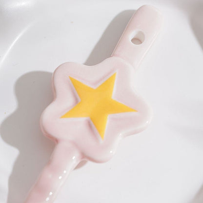 Sakura pink ceramic spoon handle detail — non-slip threaded grip, food-safe glaze, MeowCeramics