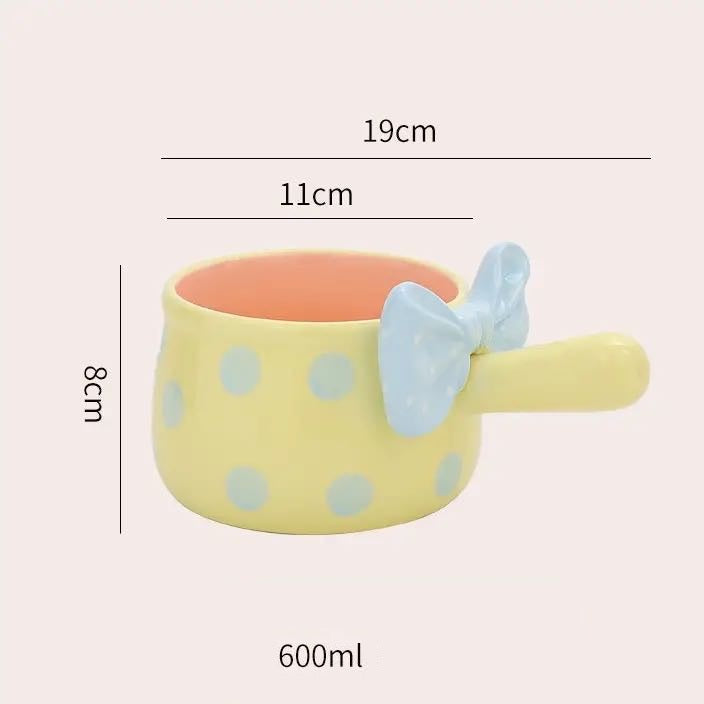 Yellow polka dot mug with a blue handle and measurements on a white background