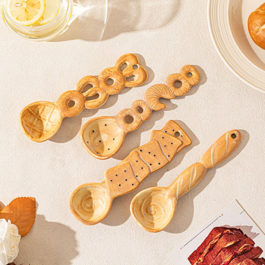 3D bread ceramic spoon set — 4 styles, warm toasty-brown glaze, handcrafted tableware, MeowCeramics