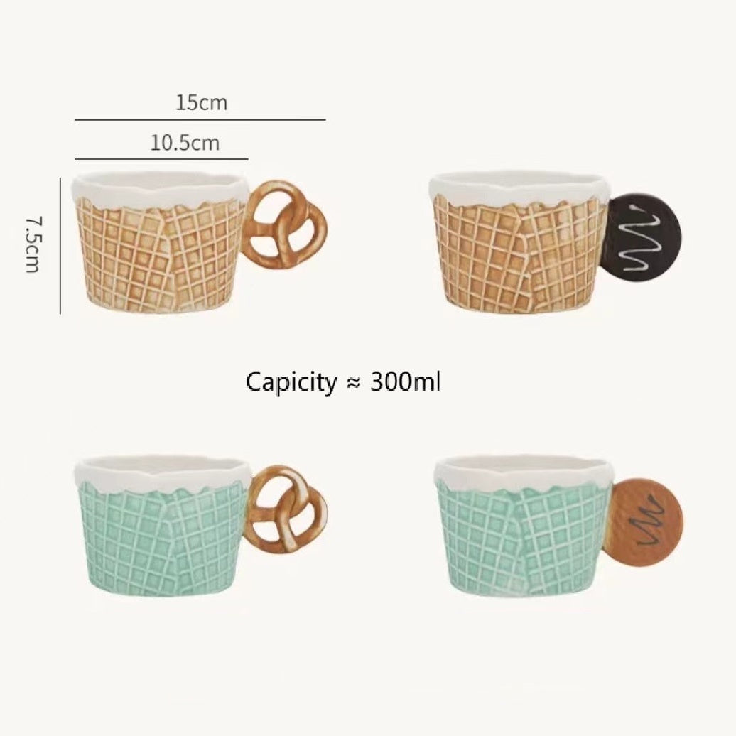 Four ceramic mugs with waffle pattern and wooden handle, shown with measurements and capacity details.