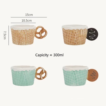 Four ceramic mugs with waffle pattern and wooden handle, shown with measurements and capacity details.