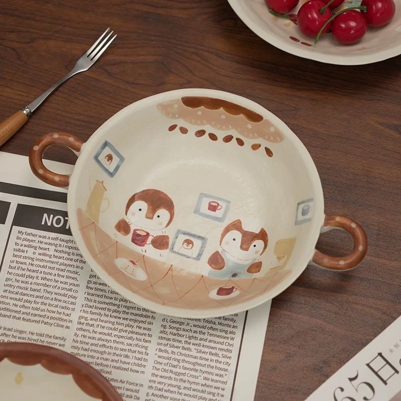 【Handmade to Order】Cute Round Double-Handle Deep Plate
