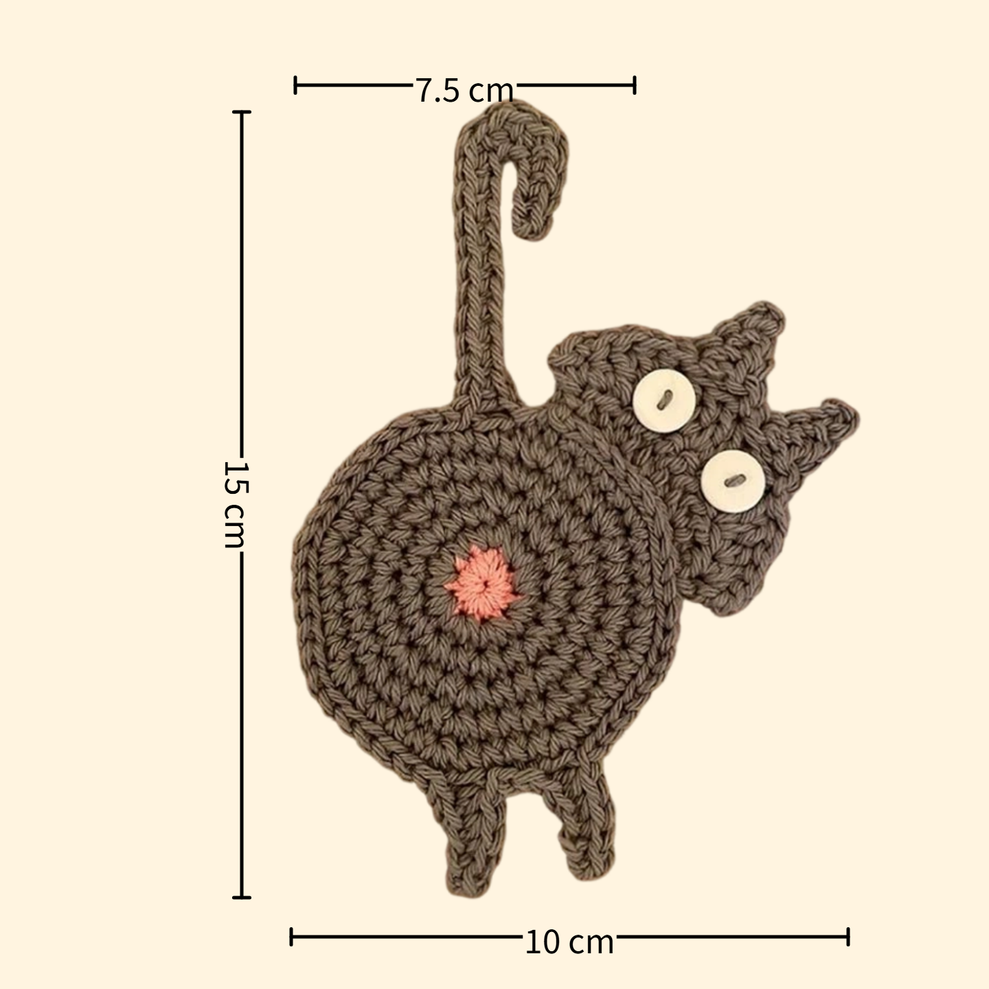 Gray cat butt crochet coaster — handmade knitted cup mat, button eyes, long tail, MeowCeramics