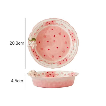 Pink strawberry kitten plate — hand-painted ceramic, size reference, MeowCeramicsbackground