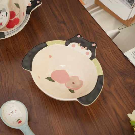 Handmade Cherry & Cat Ceramic Bowl — Rice & Soup Bowl | Hand-Painted | 2 Styles