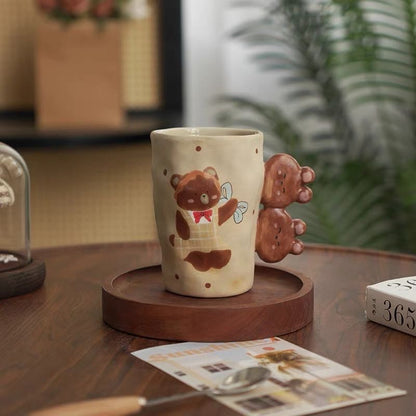 【Handmade to Order】Cute Vintage Hand-Pinched Textured Mug with Irregular Bear Handle