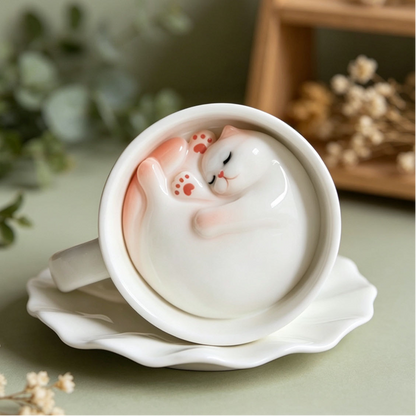 White Cat handmade ceramic coffee cup — hidden cat inside, underglaze painted, 210ml, MeowCeramics