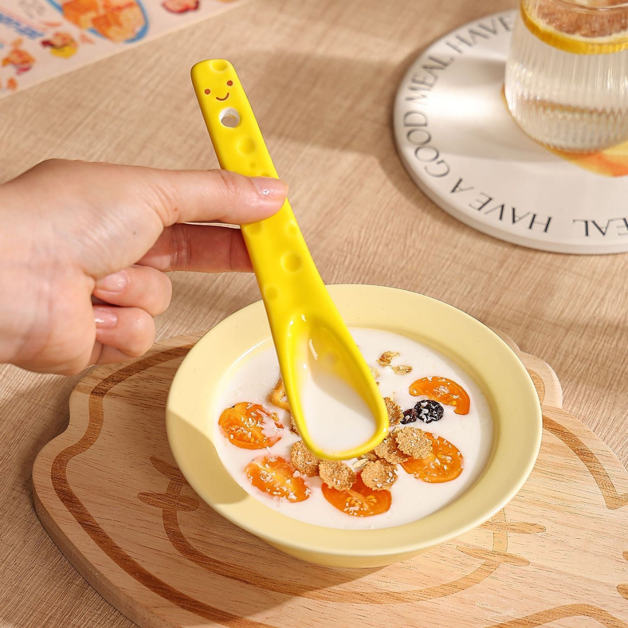 Cute food spoon in use — smooth rounded spoon head, perfect for desserts and bubble tea, MeowCeramics