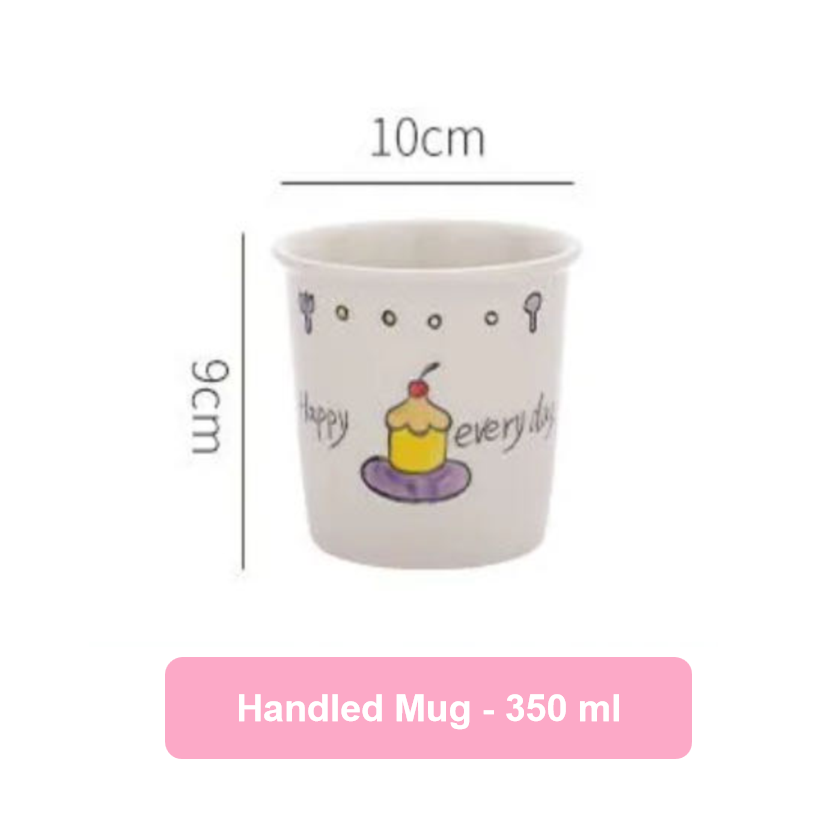 Handled mug with dimensions and capacity information on a white background