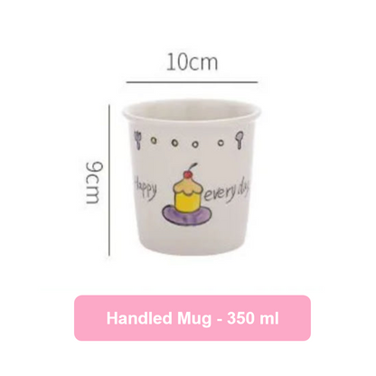 Handled mug with dimensions and capacity information on a white background