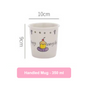 Handled mug with dimensions and capacity information on a white background