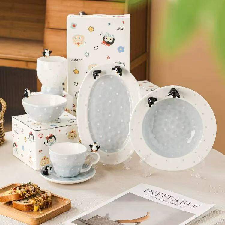 Handmade 3D penguin ceramic dinnerware — all variants collection: bowls, plates, mugs and cup & saucer set, glacial blue & white, MeowCeramics