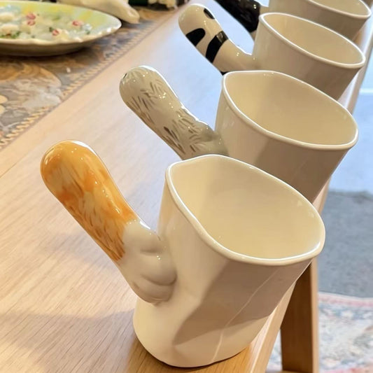 Handmade cat paw tilt mug — optical illusion design, 250ml ceramic mug, 9 color styles, MeowCeramics