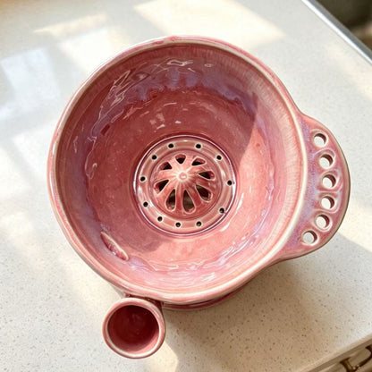 Handmade ceramic swirl berry washing bowl — perforated base detail, sediment drains away with water flow, MeowCeramics