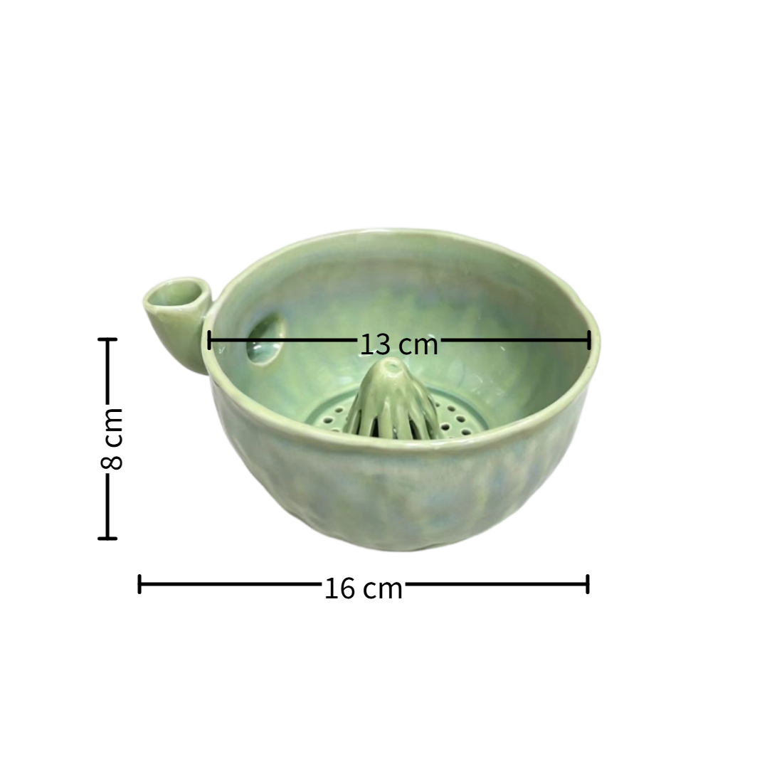 Handmade ceramic swirl berry washing bowl — Mini fresh green, size reference with dimensions, MeowCeramics