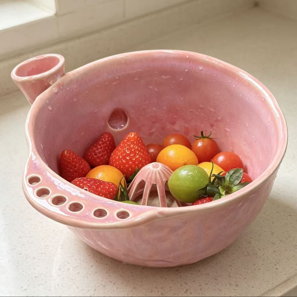 Ceramic swirl berry washing bowl Regular — filled with fresh strawberries and cherry tomatoes, sink to table serving piece, MeowCeramics