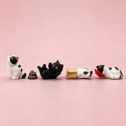 Handmade mini resin mischievous cat figurines — full set of 4: Paper Bag Cat, Bowl Cat, Doing Business Cat & Lazy Cat, MeowCeramics